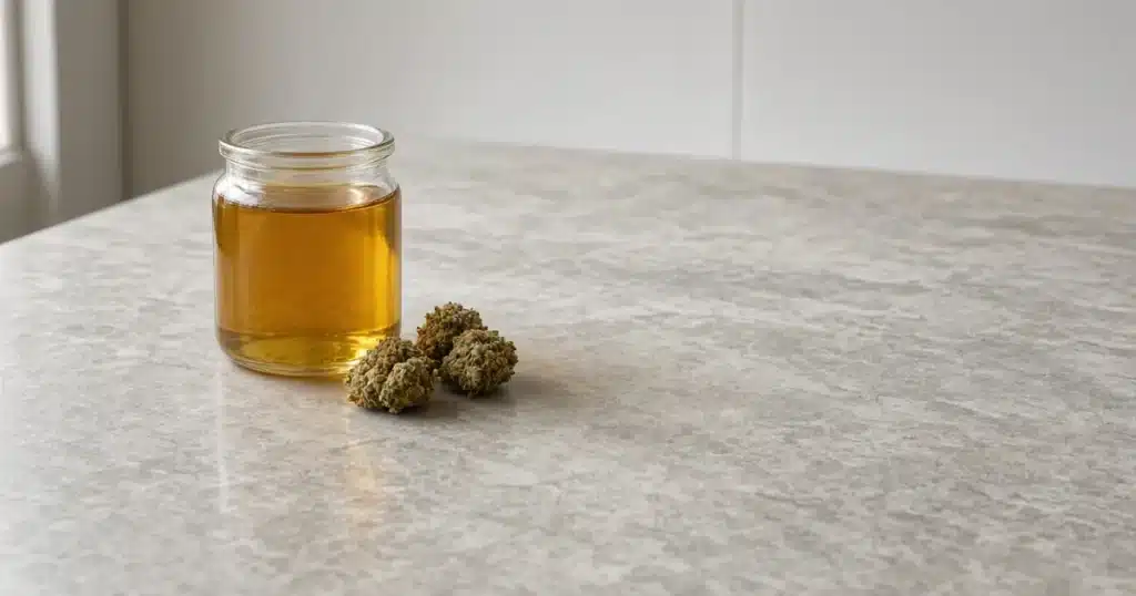 Amber cannabis oil in a glass jar beside dried buds
