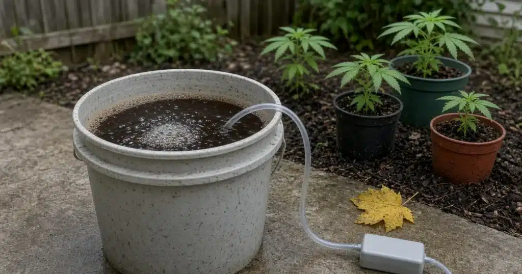Bucket of dark compost tea with an air stone bubbling beside young cannabis plants