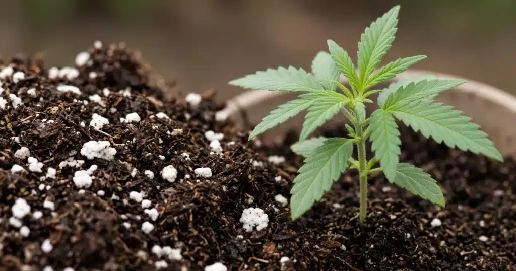 Close view of dark composted pine bark fines mixed with coir and perlite beside a cannabis seedling in a small pot