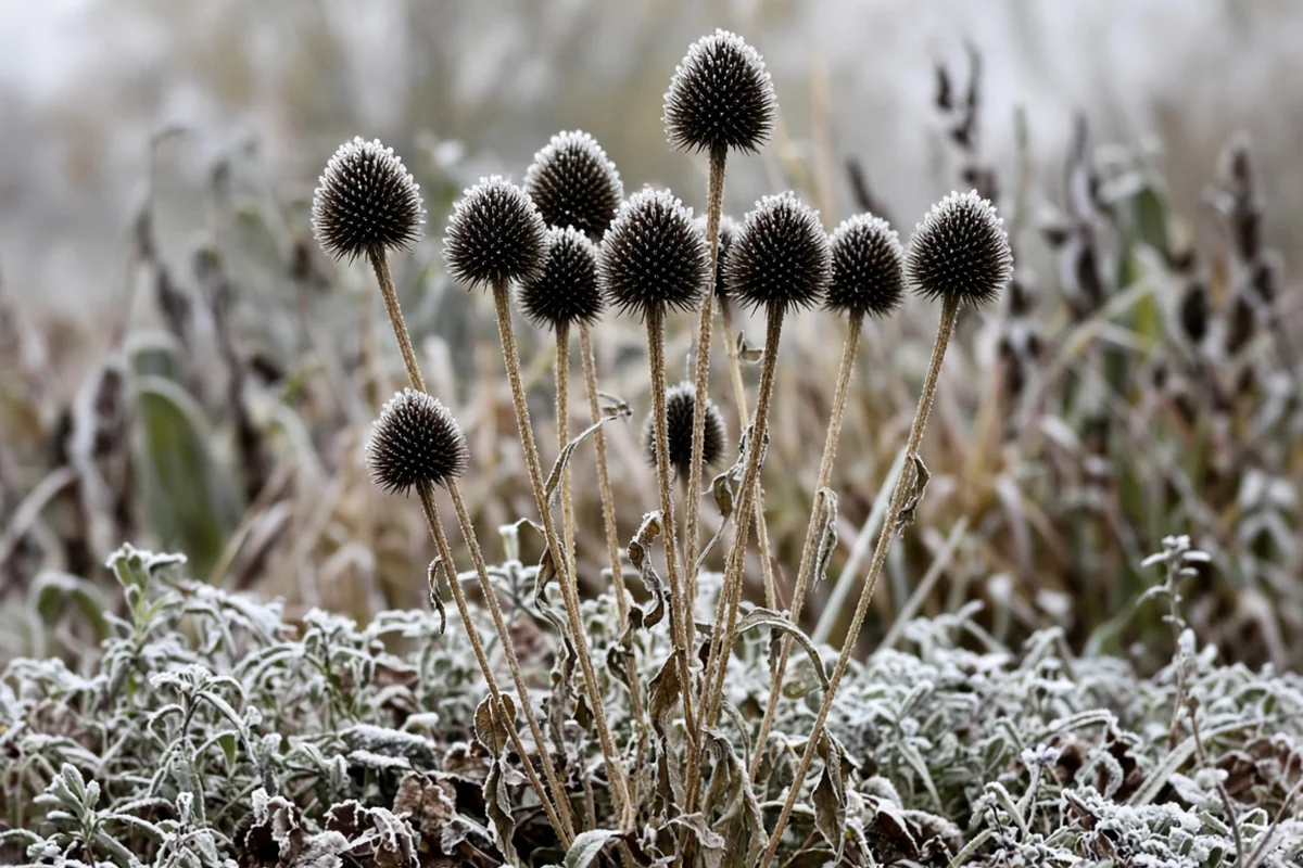 Coneflower seed heads left standing in winter