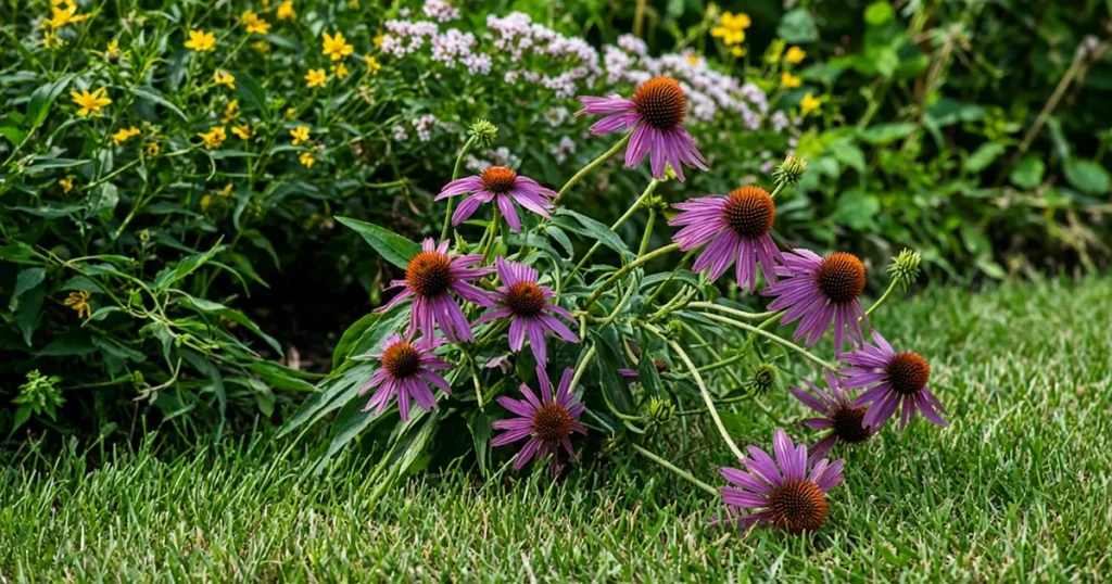 Purple coneflower stems flopping onto the lawn from a garden border