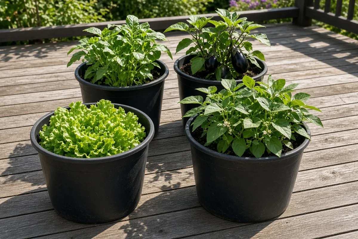 Containers of compact vegetables on a deck