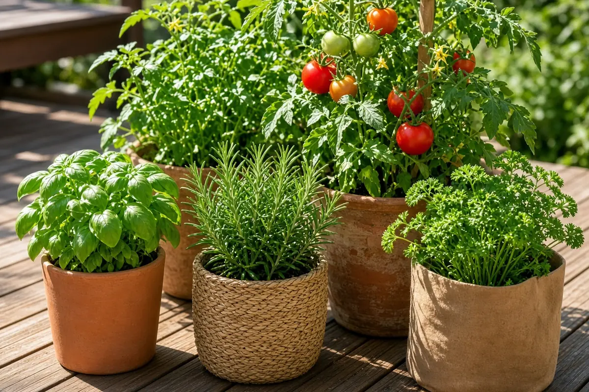 Containers of herbs and tomatoes on a sunny deck