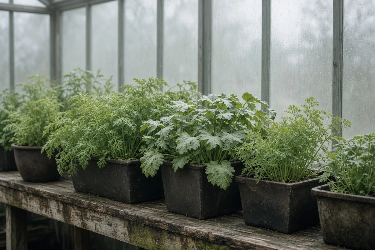 Cool greenhouse bench with root crops
