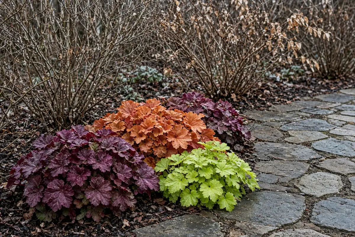 Coral bells foliage beside a stone path in winter