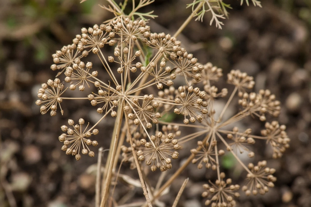 Coriander seeds drying on the plant