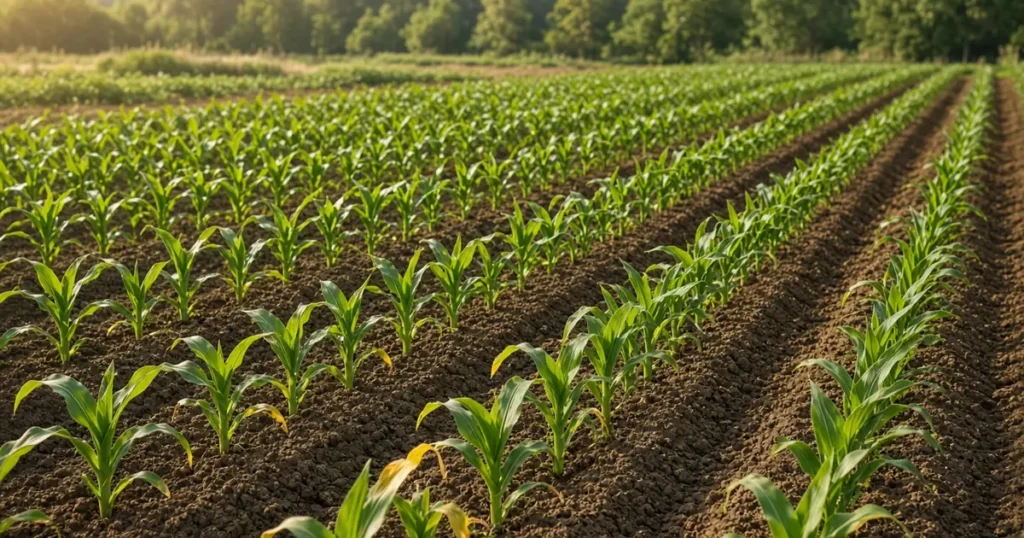 Rows of young sweet corn