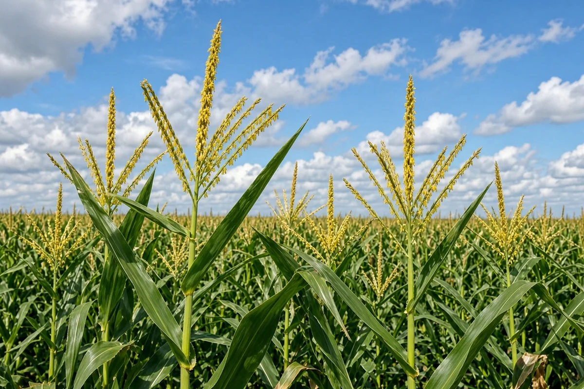 Corn tassels shedding pollen in a field