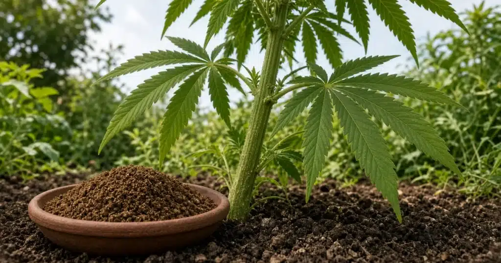 Brown cottonseed meal in a clay dish resting on garden soil near the base of a tall outdoor cannabis plant
