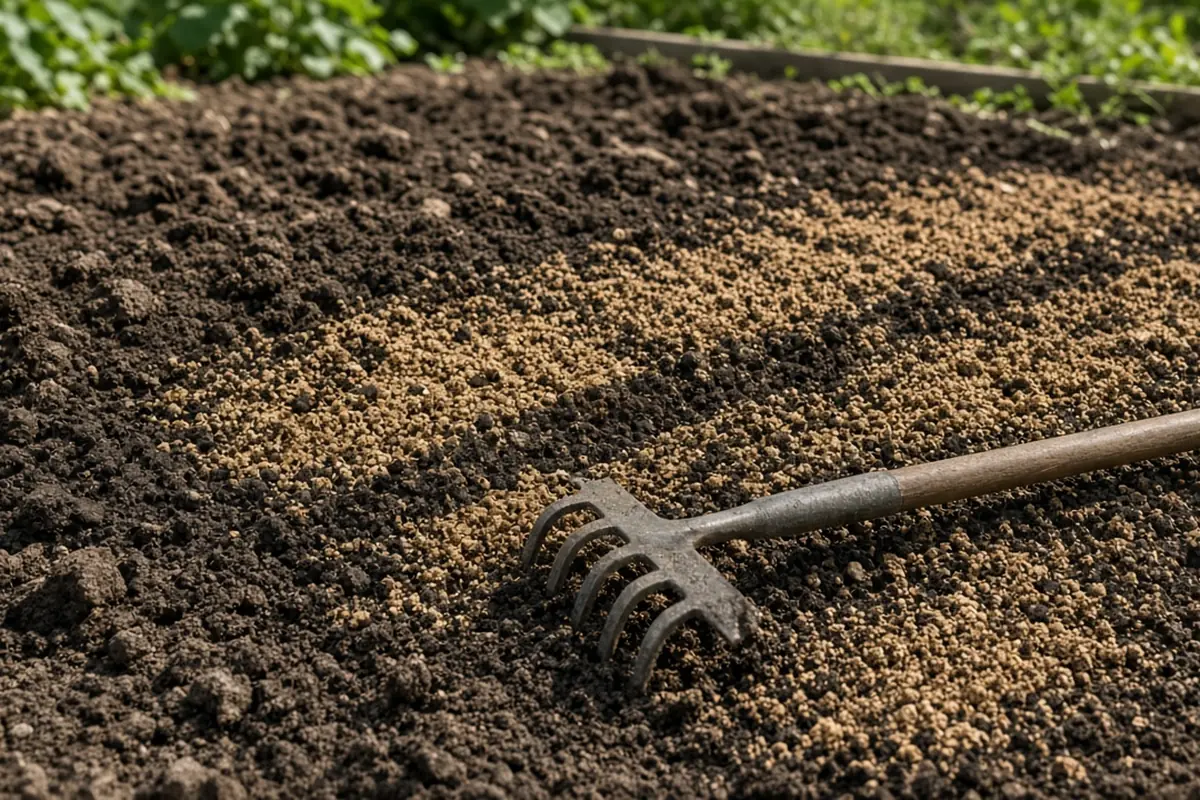 Garden rake laid across freshly turned soil in a sunny outdoor bed, with brown cottonseed meal partly raked in