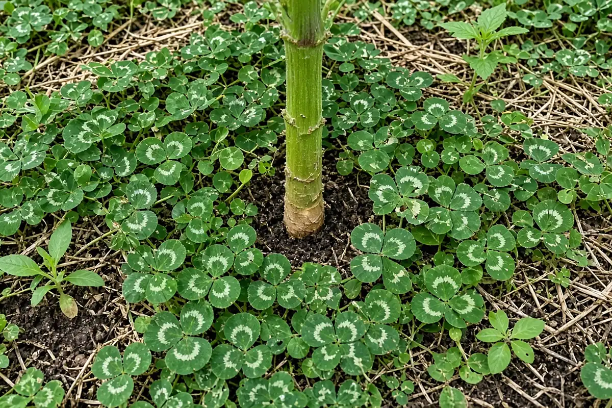 Clover cover crop around a cannabis stem