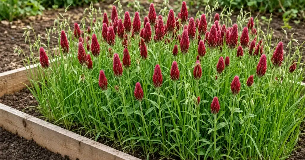 Garden bed of blooming crimson clover and oats