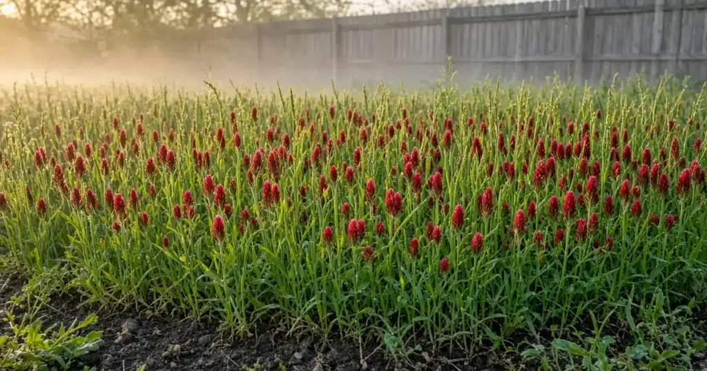 Garden bed covered in blooming crimson clover and cereal rye in early spring.