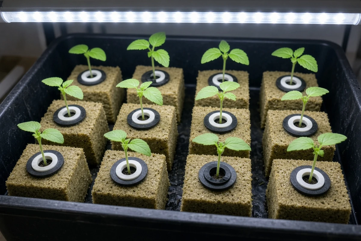Covered rockwool cubes under a grow light