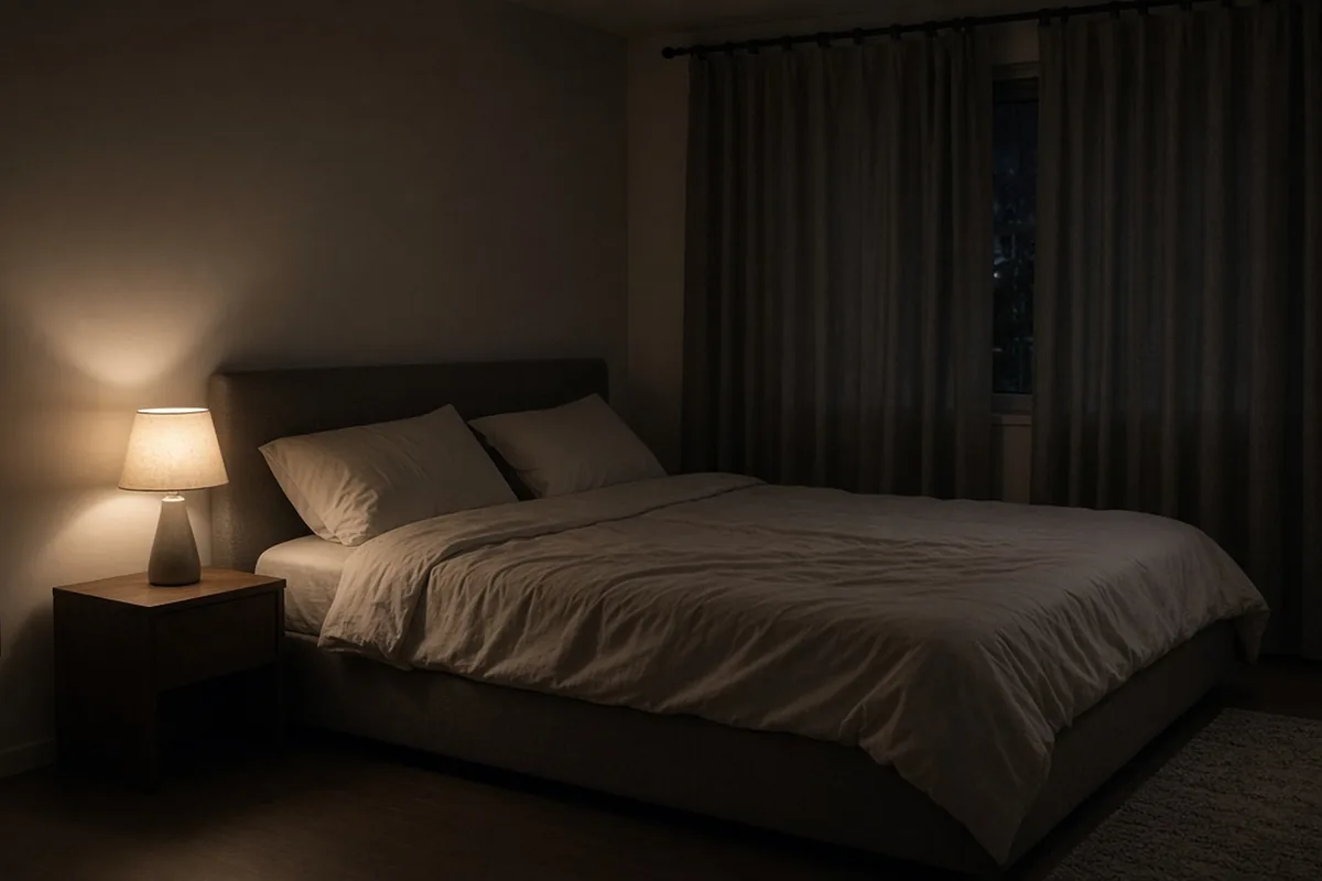 Cozy bedroom lit by a dim lamp