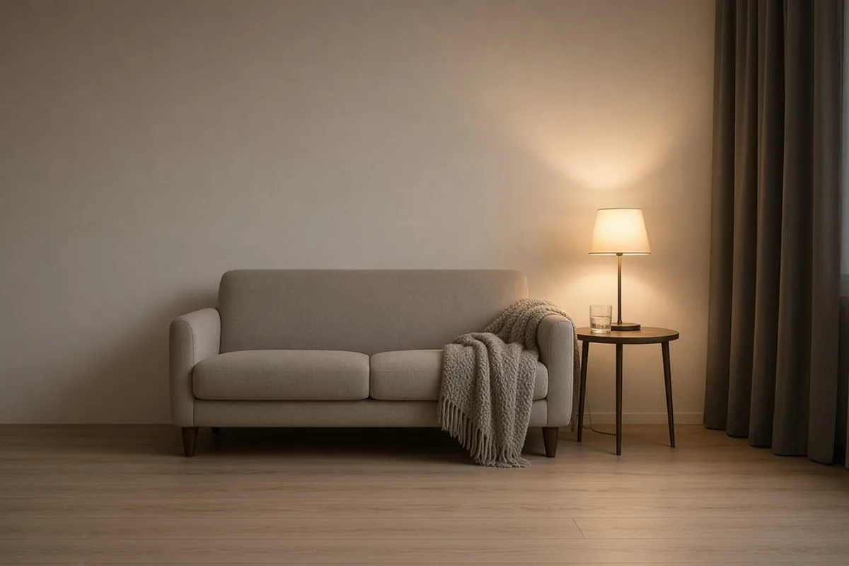 Cozy sofa with a blanket and a glass of water