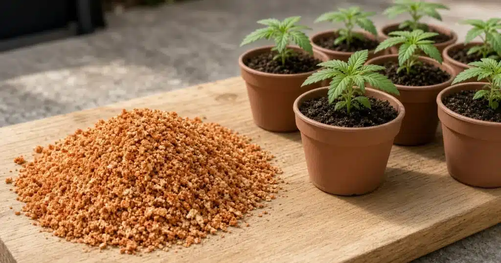 Coarse orange and tan crab meal piled on a garden board beside potted cannabis seedlings on a patio