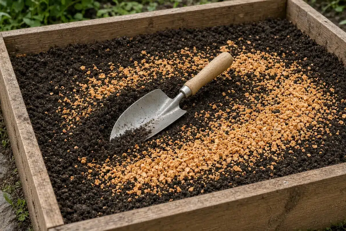 Hand trowel lying on dark soil in a wooden raised garden bed, with coarse orange crab meal partly worked in