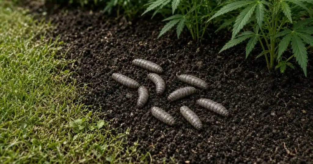Gray brown leathery crane fly larvae on damp soil beside a wet lawn edge and a cannabis bed