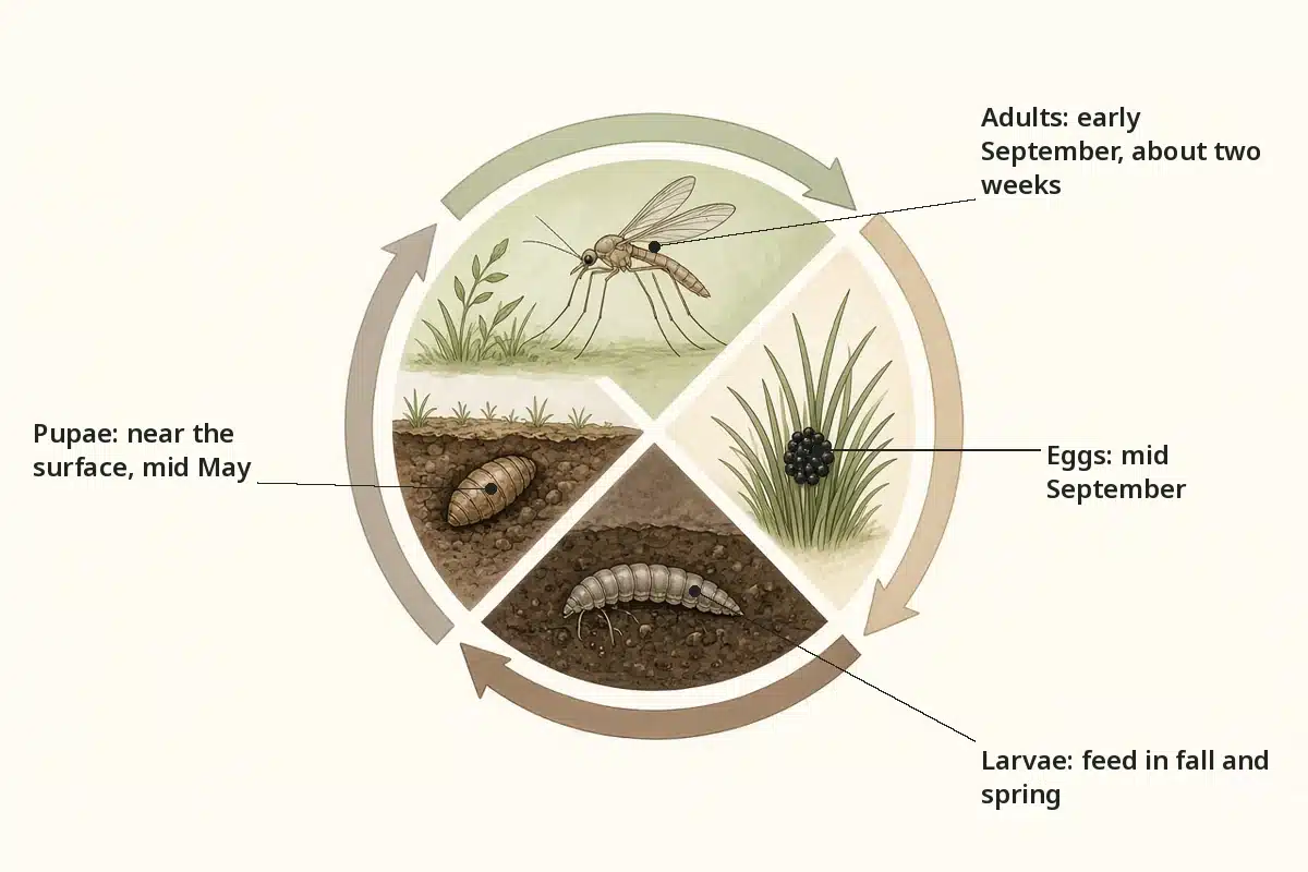 Circular diagram of the European crane fly year with adults and eggs in September, larvae feeding in fall and spring and pupae near the surface in late spring