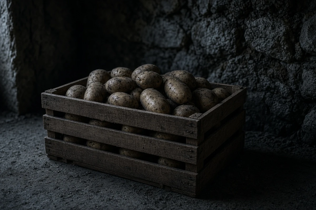 Crate of potatoes stored in a dark room
