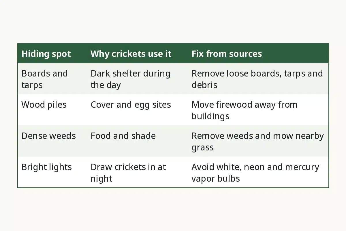 Cricket Hiding Spots and Fixes. Hiding spot, Why crickets use it, Fix from sources. Boards and tarps, Dark shelter during the day, Remove loose boards, tarps and debris. Wood piles, Cover and egg sites, Move firewood away from buildings. Dense weeds, Food and shade, Remove weeds and mow nearby grass. Bright lights, Draw crickets in at night, Avoid white, neon and mercury vapor bulbs.