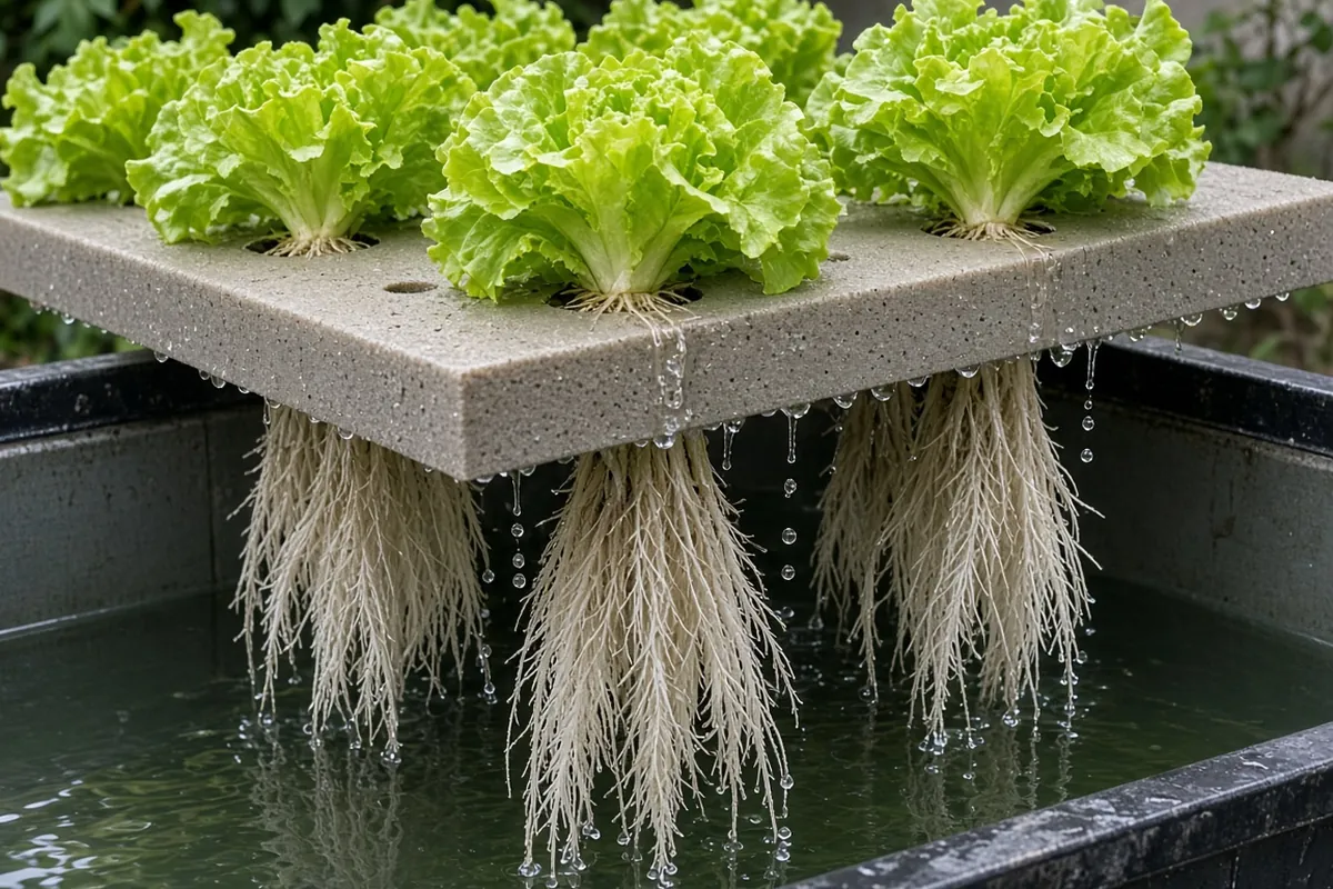 Crisp lettuce heads on a raft with white roots dripping water
