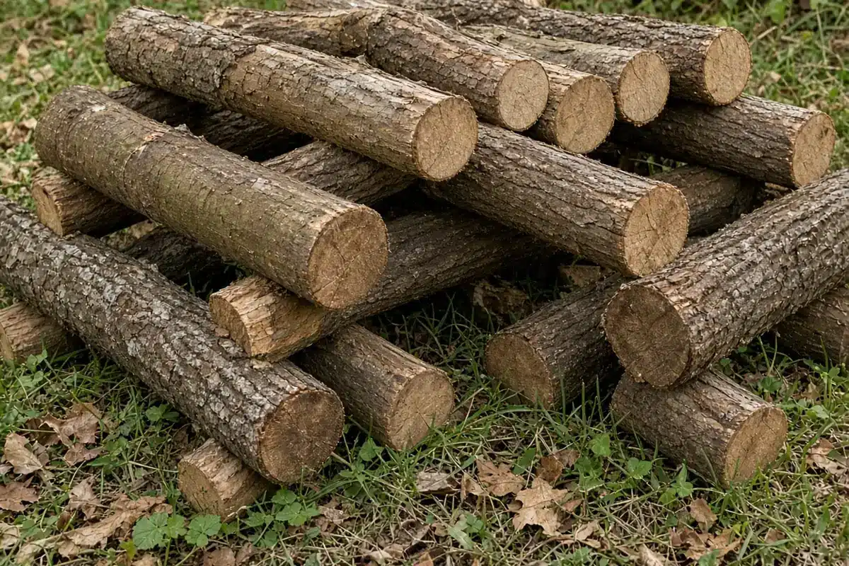 Crisscrossed logs forming the base of a habitat pile