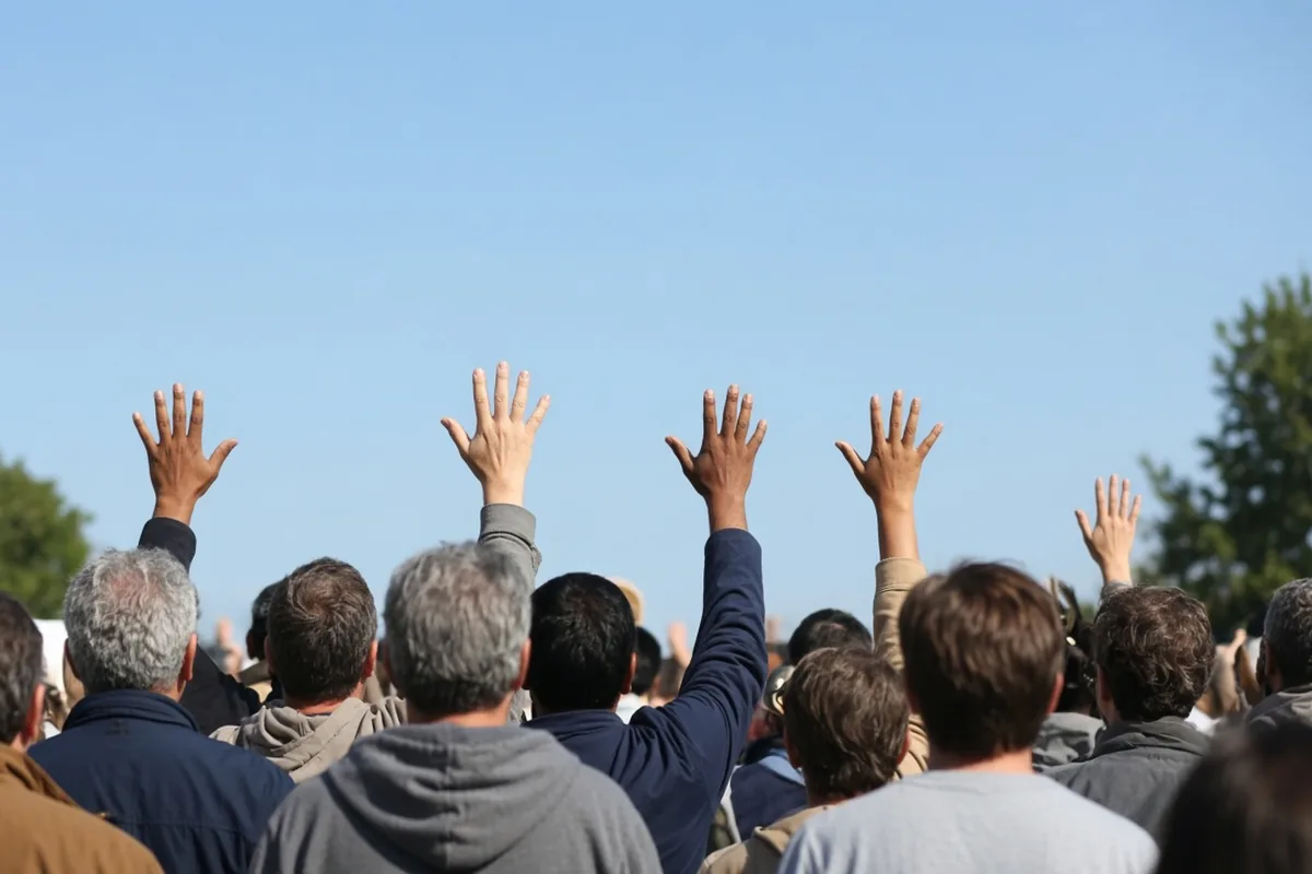 Raised hands at an outdoor rally