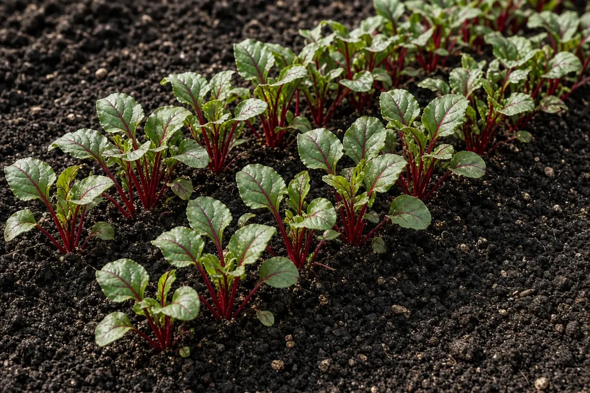Crowded beet seedlings in a row