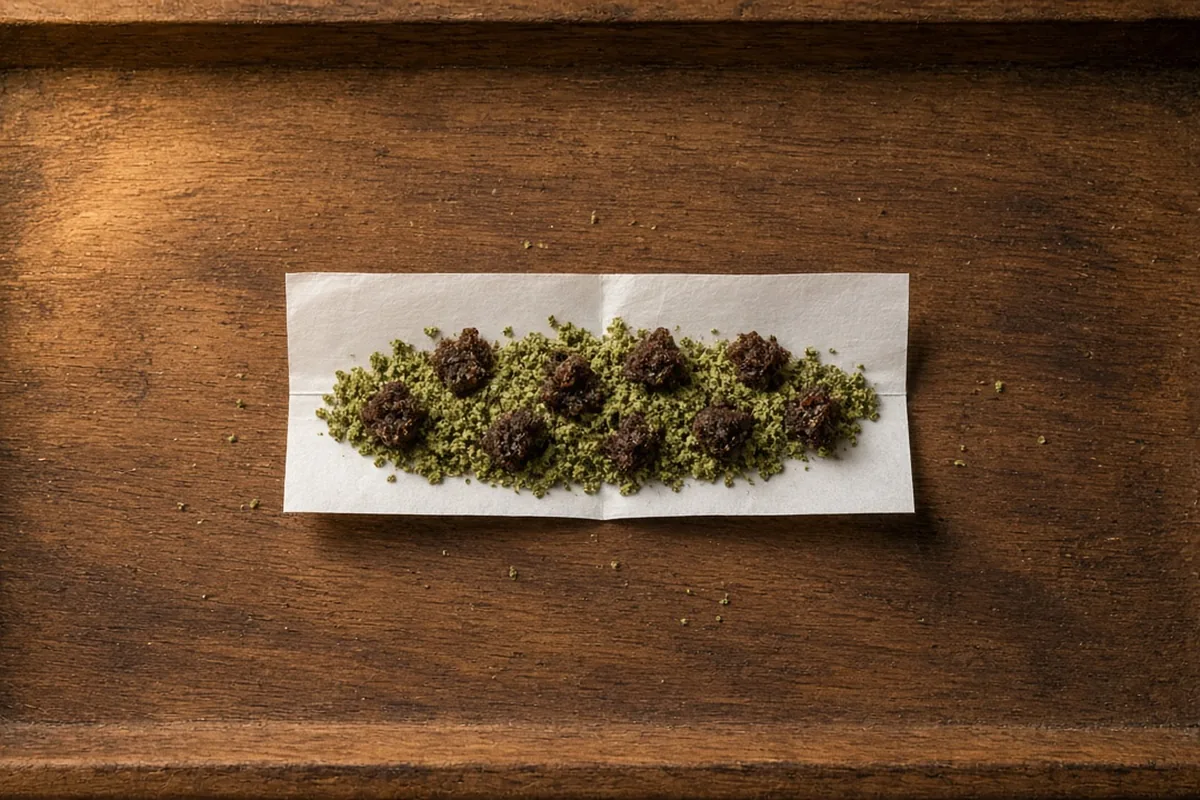 Crumbled hash sprinkled on a rolling paper