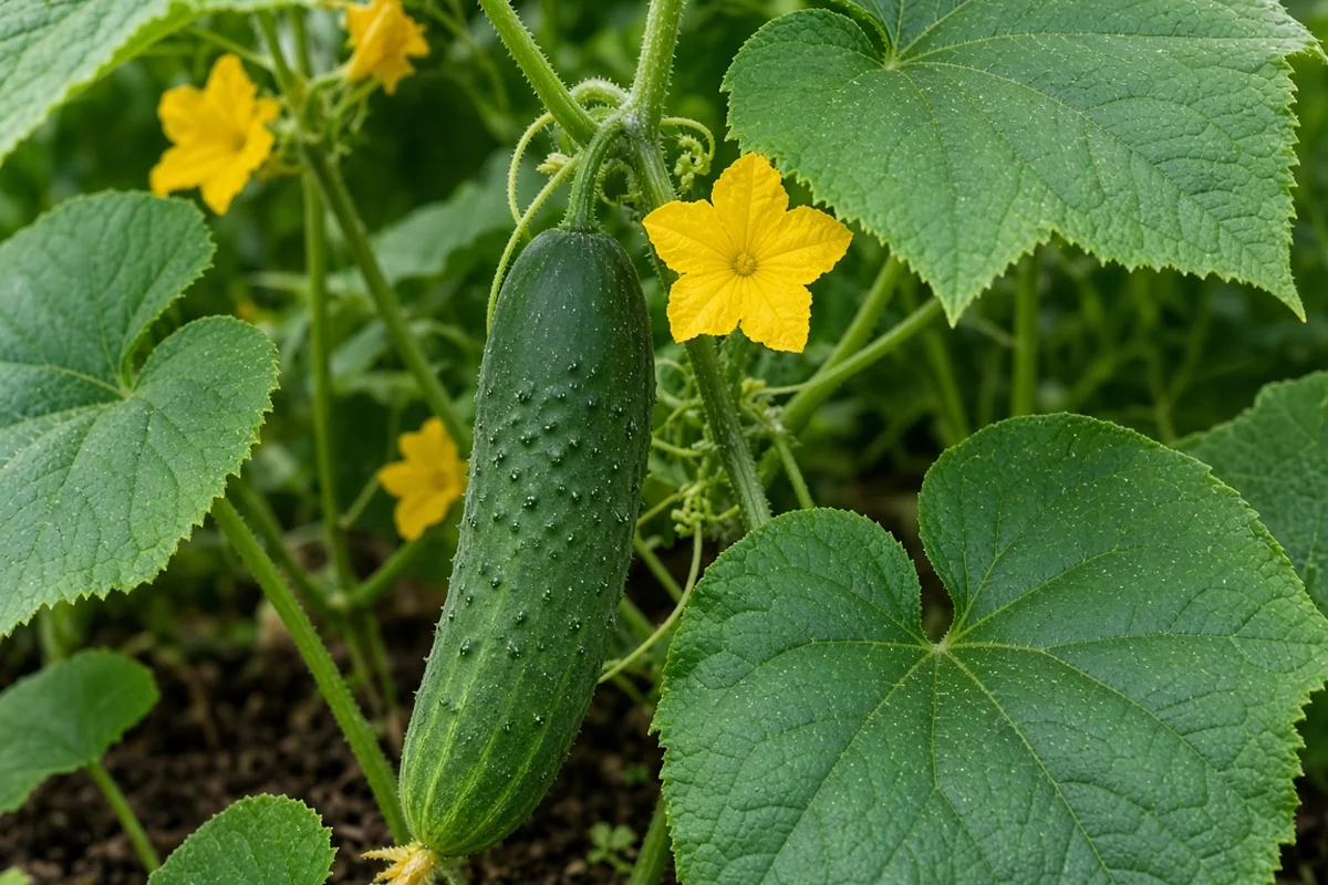 Cucumber hanging on a vine