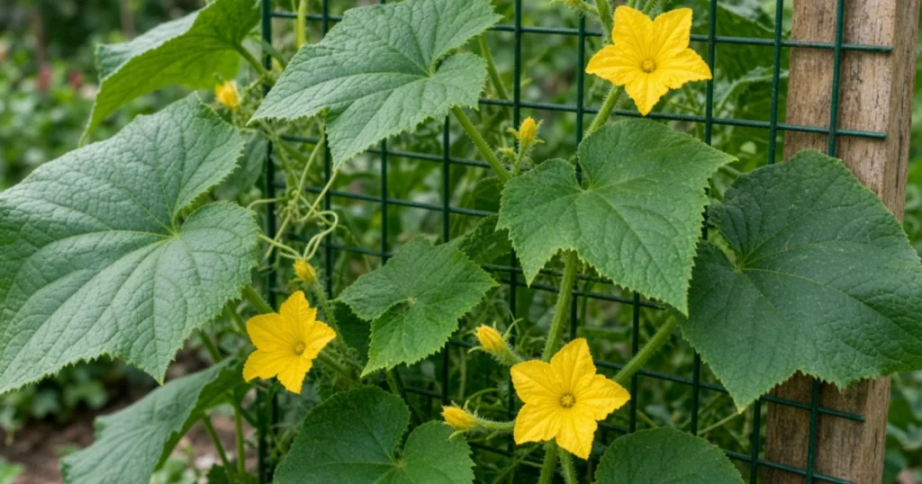 Yellow cucumber flowers on a trellised vine