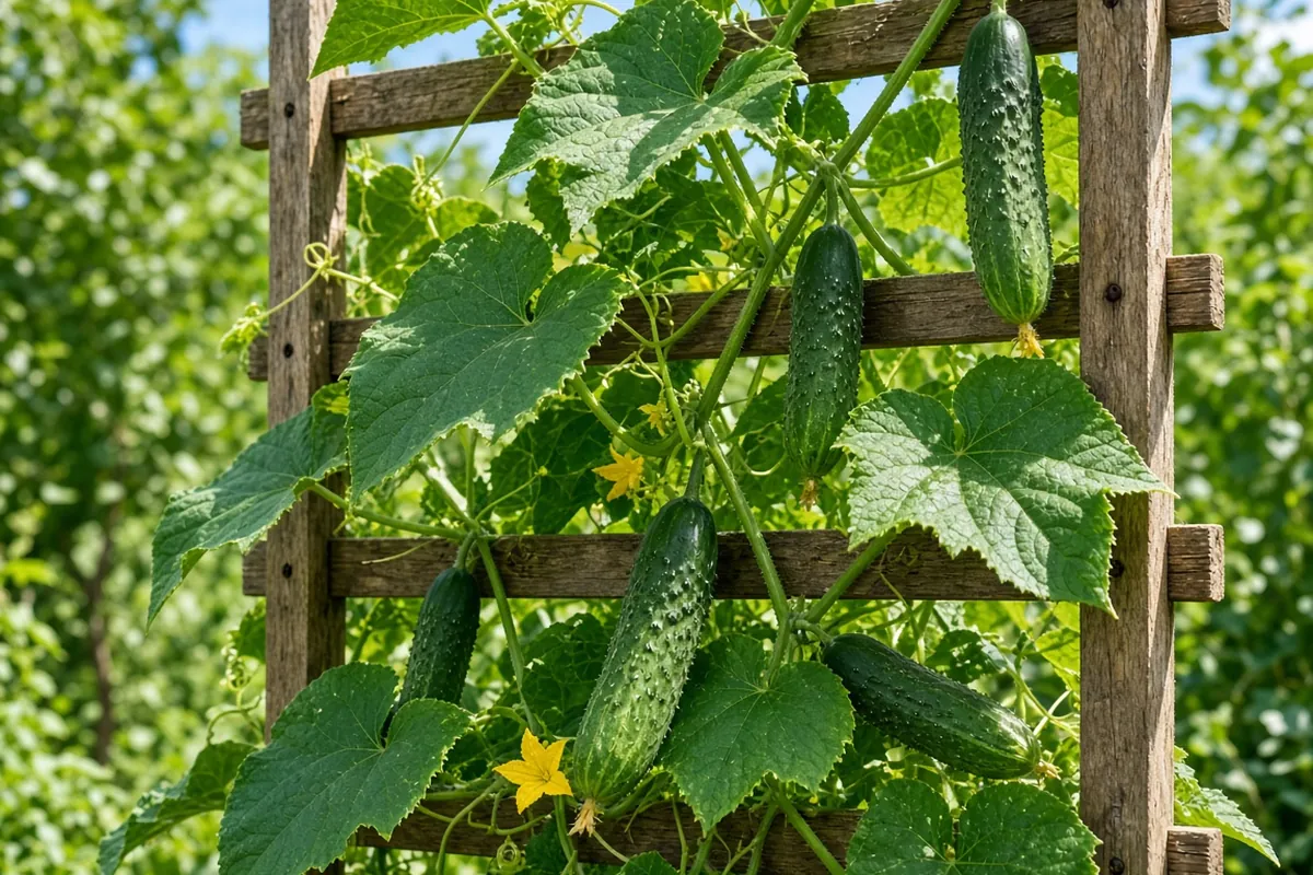 Cucumber vine with healthy developing fruit