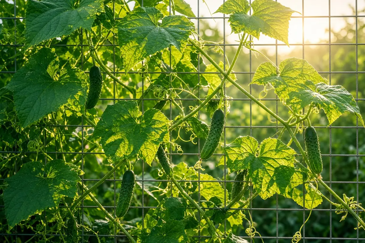 Cucumber vines climbing a garden trellis