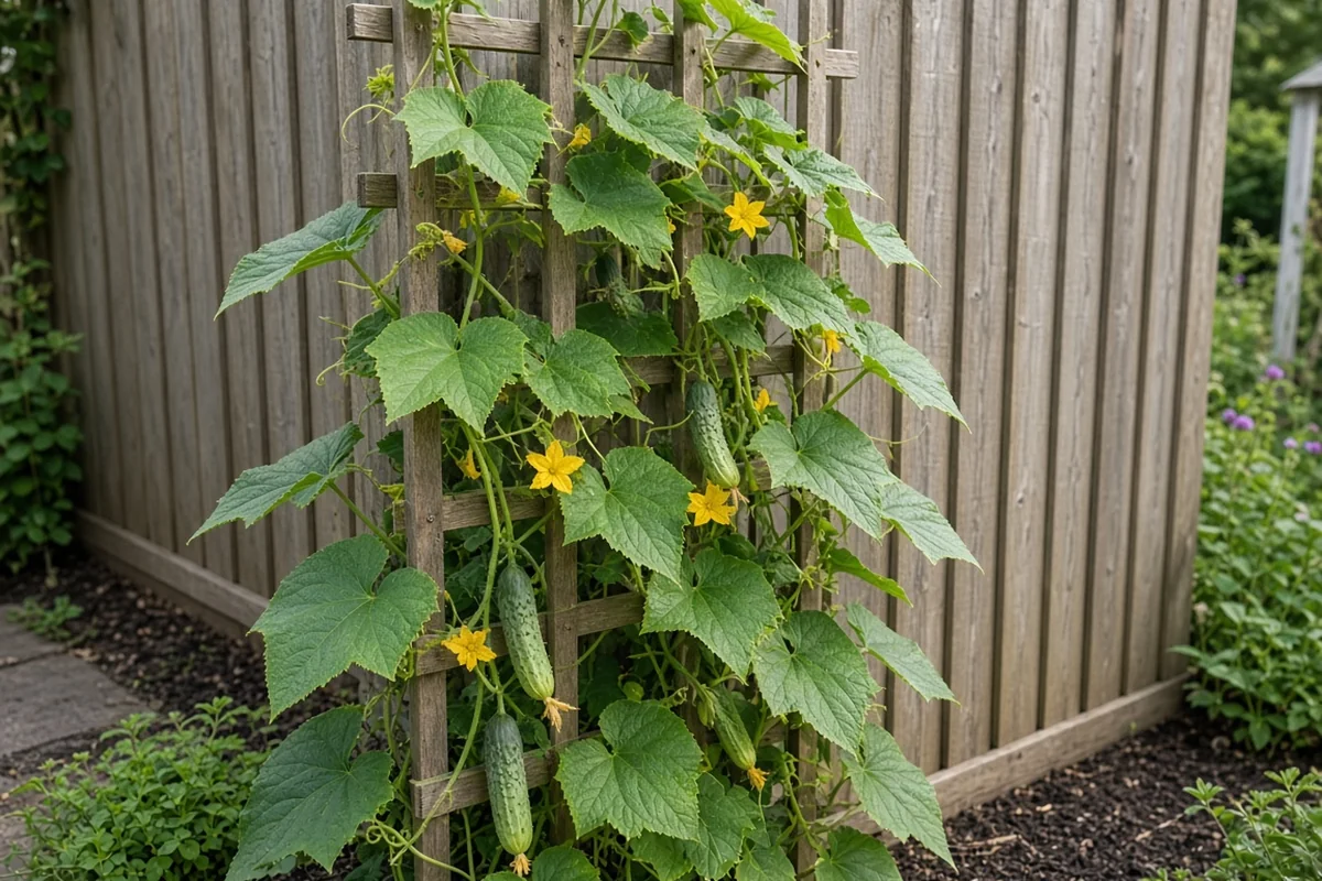 Cucumber vines climbing a trellis on a side yard fence