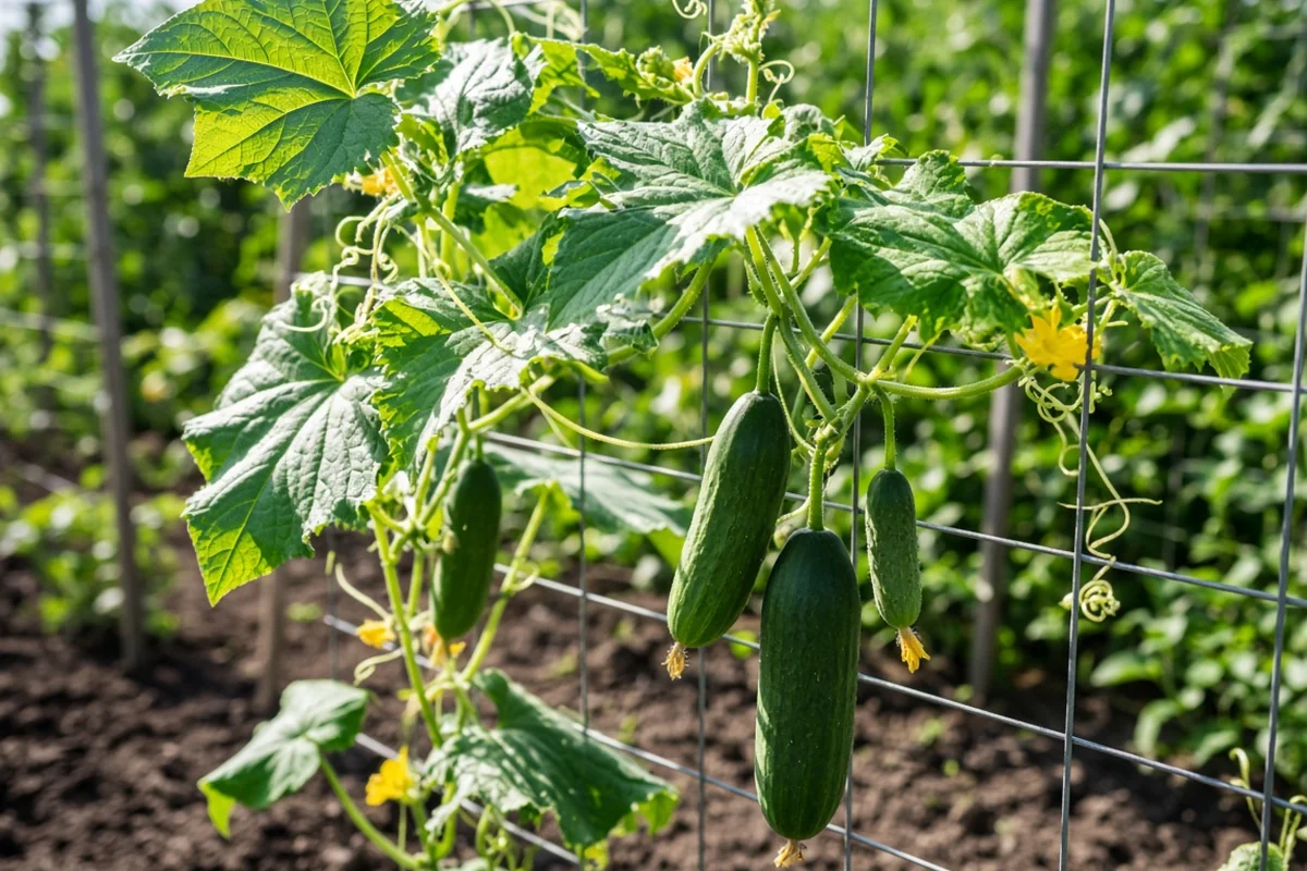 Cucumber vines climbing a trellis