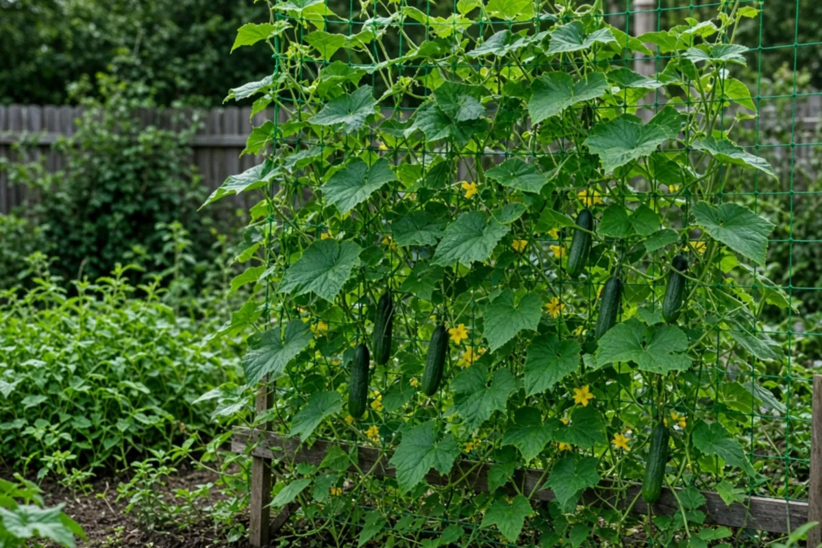Cucumber vines climbing garden trellis netting
