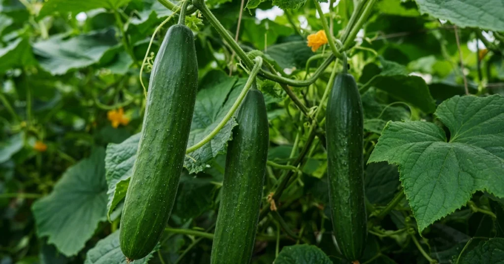 Slicing cucumbers on a vine