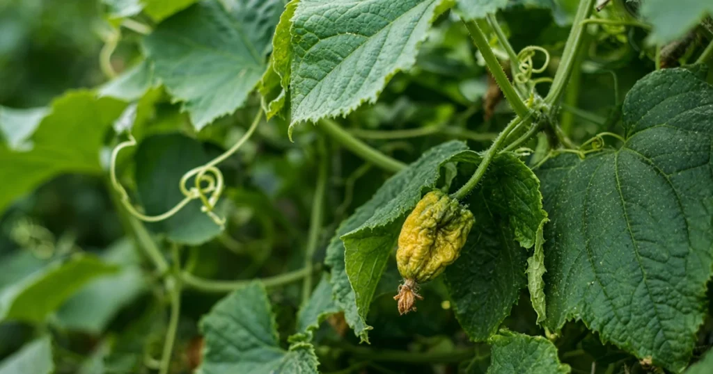 Small yellowing cucumber shriveling on the vine