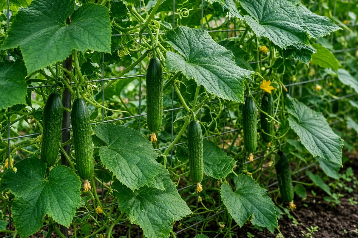 Cucumbers on a garden trellis