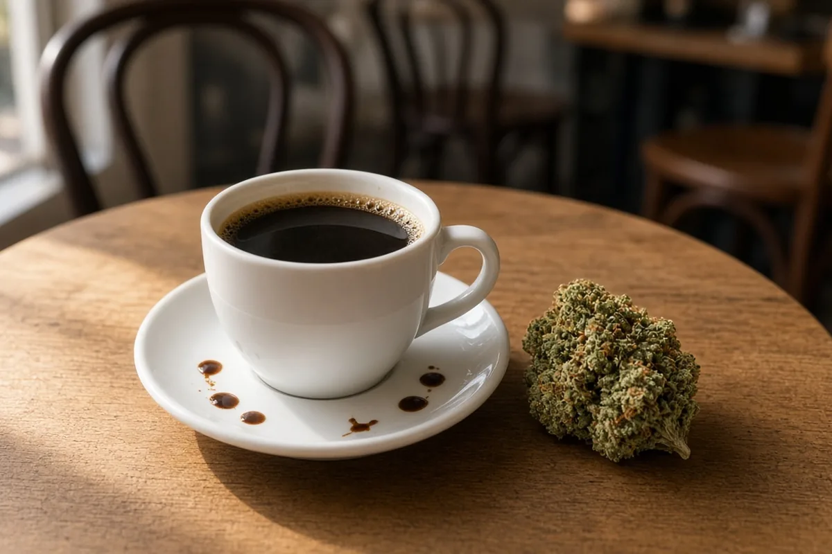 Cup of coffee beside a cannabis bud