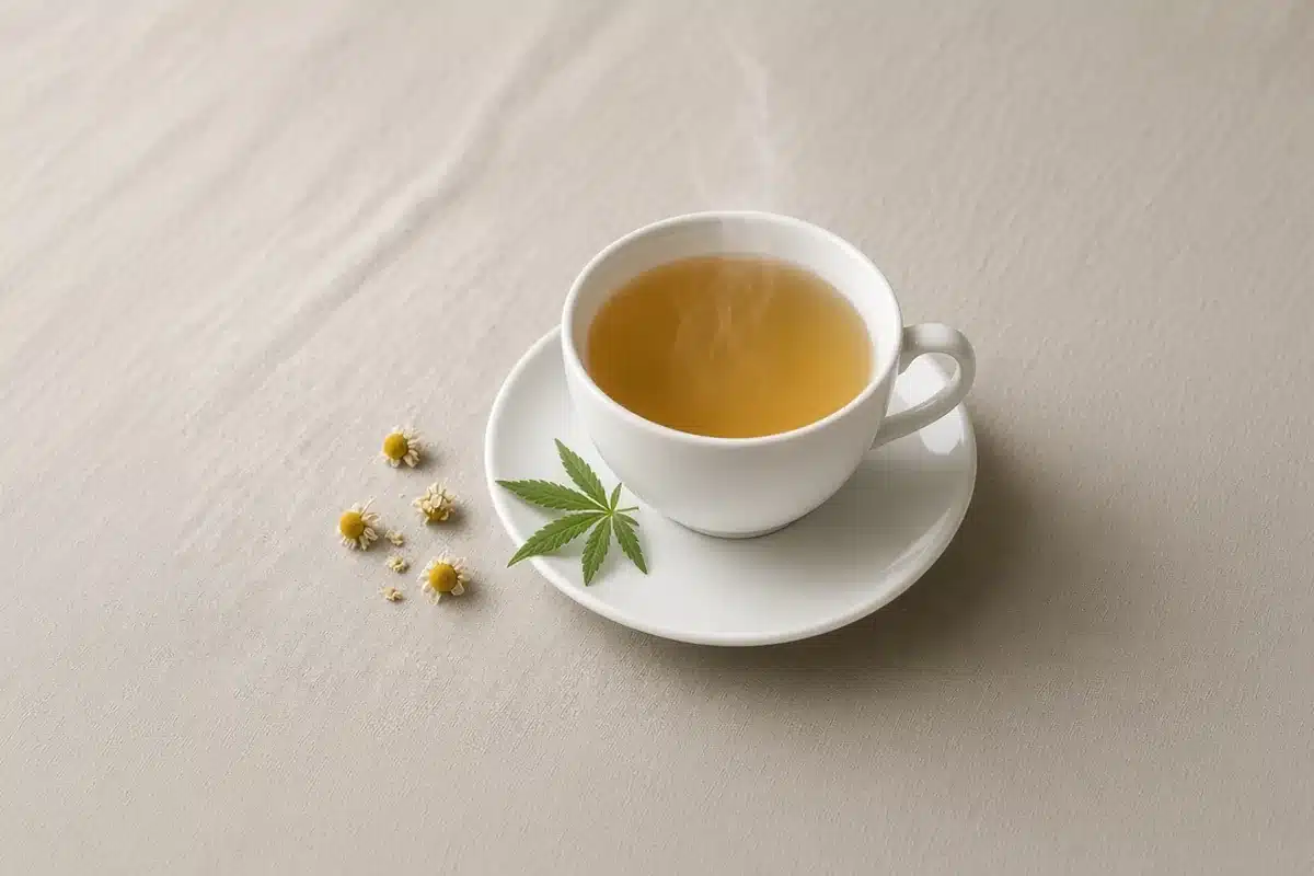 Cup of herbal tea with a cannabis leaf
