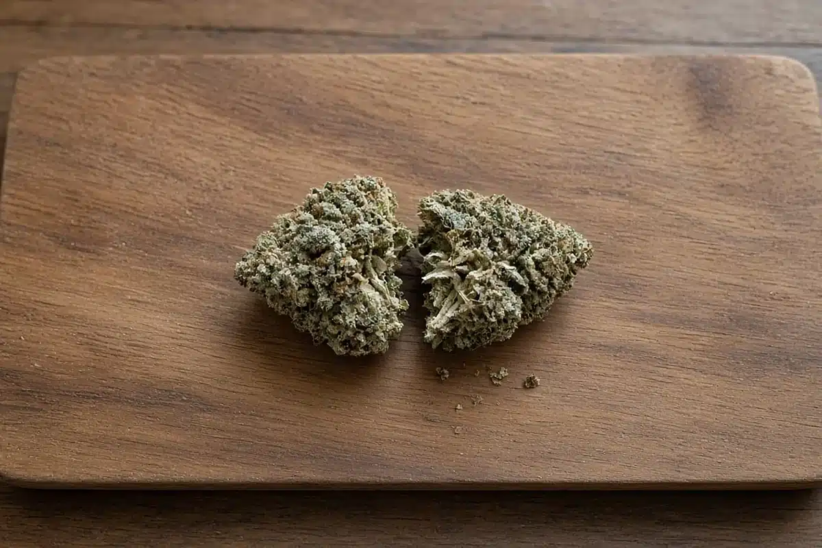 Cured cannabis bud broken open to show its sticky inside