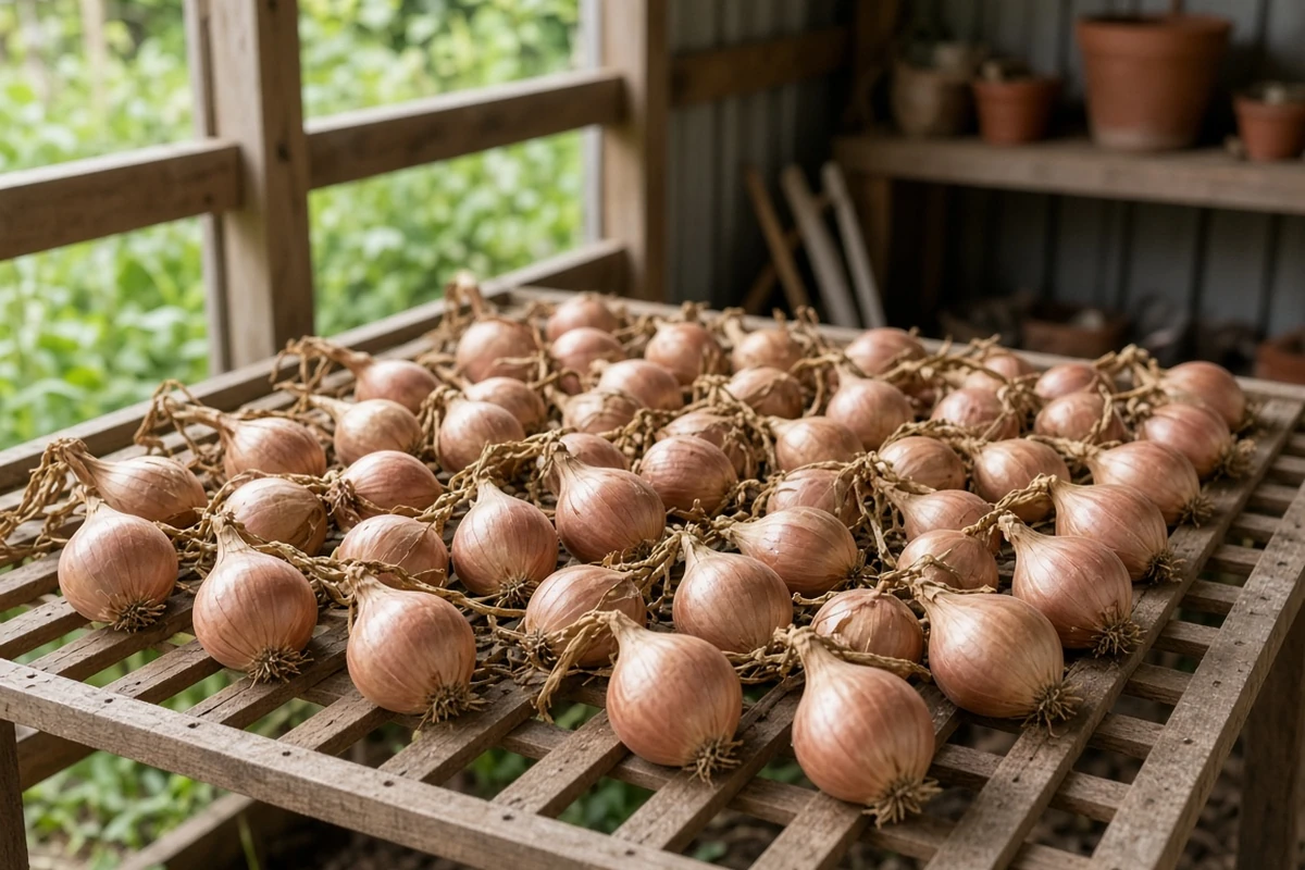 Cured shallots drying on a rack
