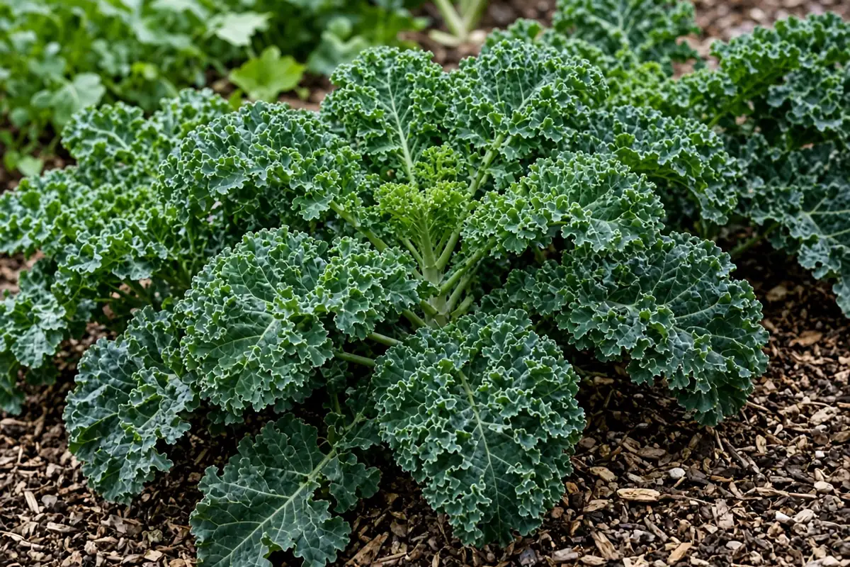 Curly kale leaves in a bed
