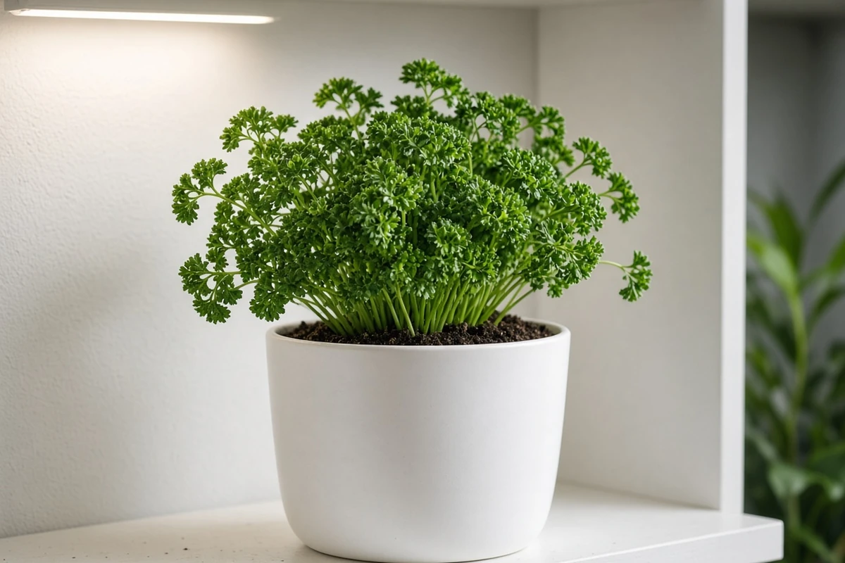 Curly parsley bunch growing in a ceramic pot on a lit shelf
