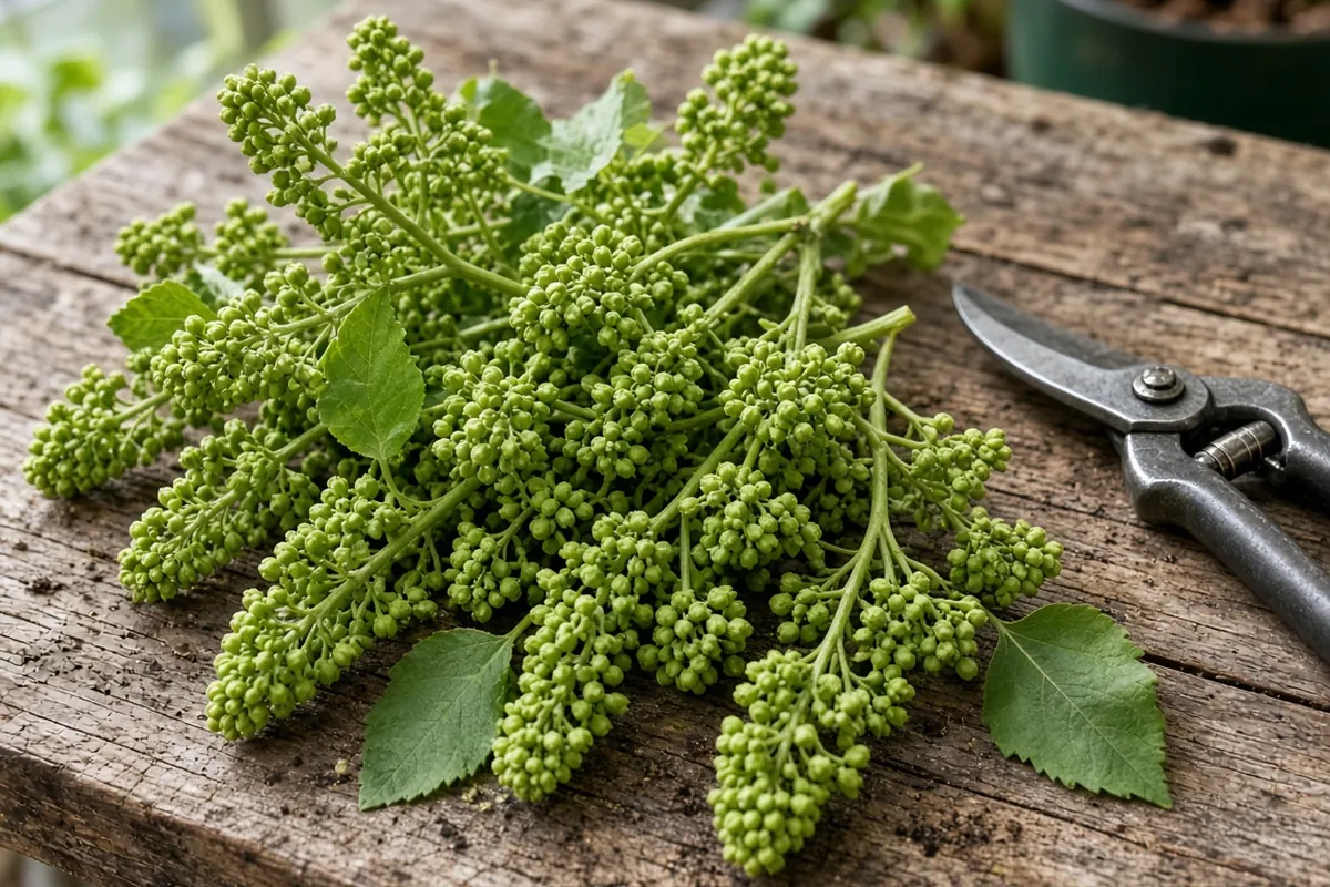 Cut green flower clusters on a board