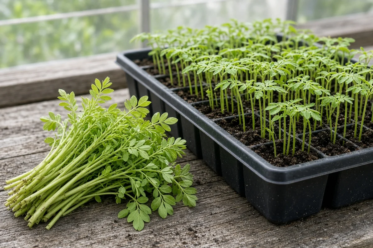 Cut green shoots beside a seedling tray