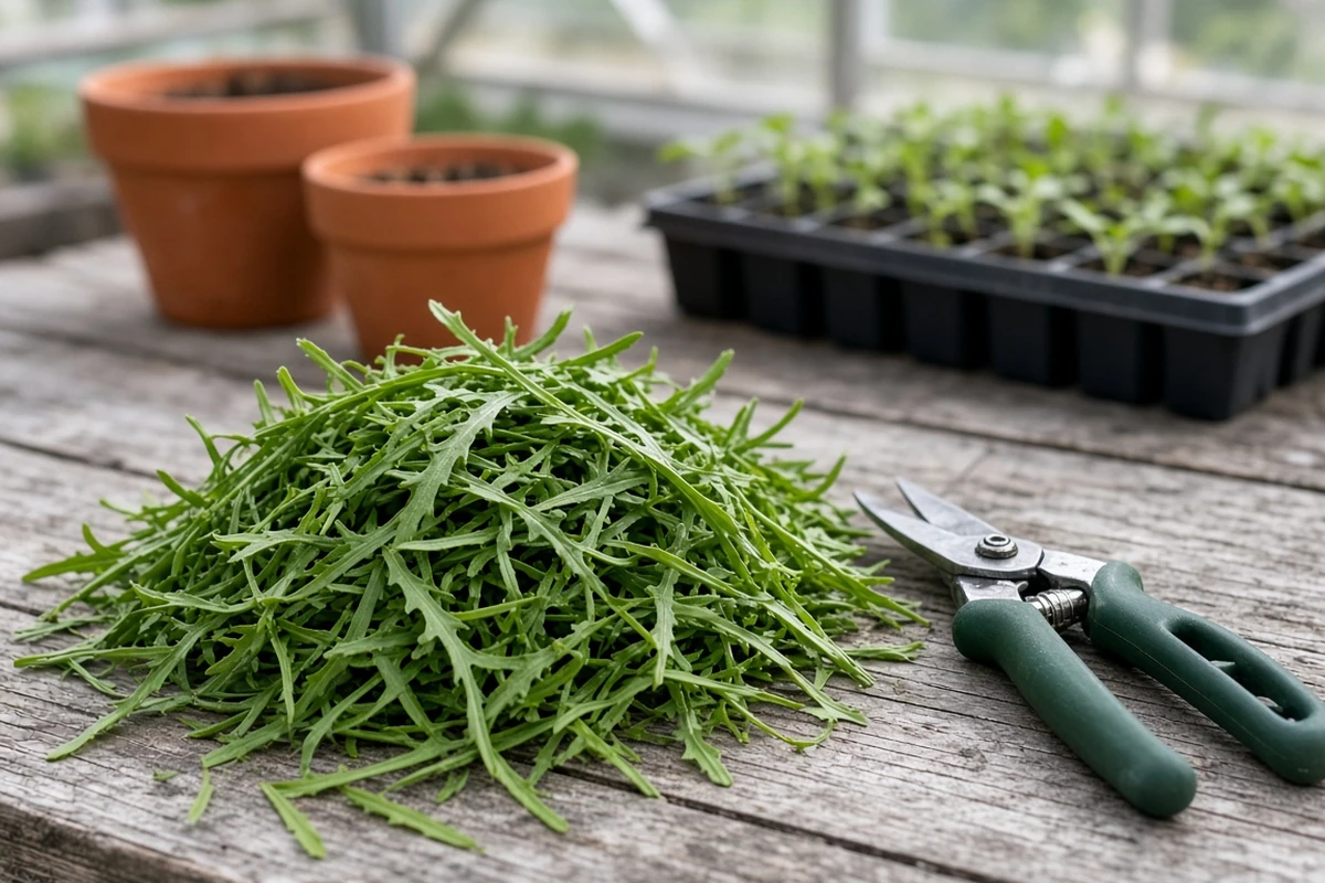 Cut narrow green leaves on a wooden potting bench